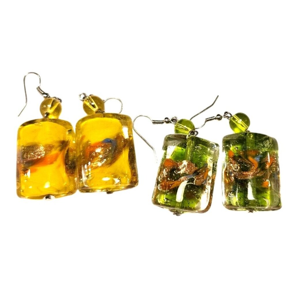 2 Vintage Earrings‎ Hand Blown Art Glass Chunky Dangle With Hook Yellow & Green